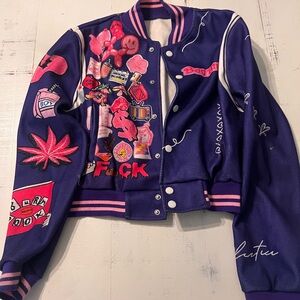 Purple Embroidered Patch Bomber Jacket - Women's